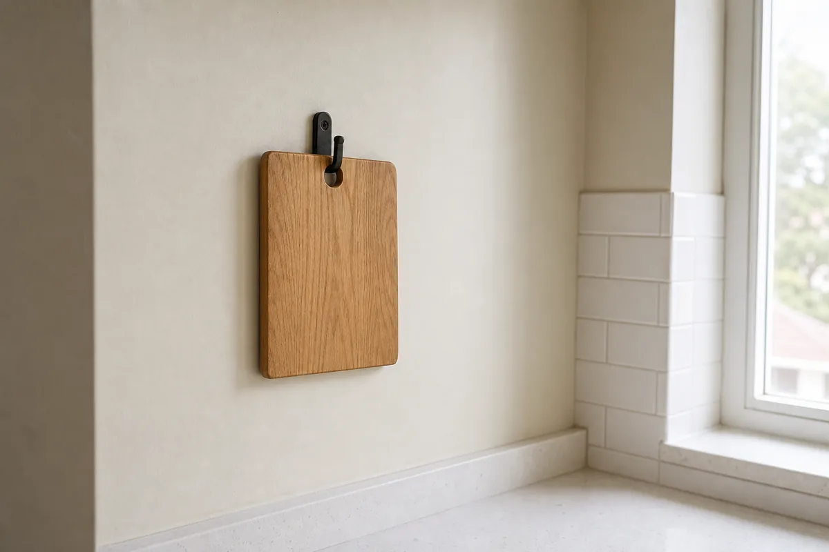 A single small rectangular wood cutting board hung from a single black hook on a cream painted kitchen wall, white subway tile starting to the right, white counter below, soft daylight from a window on the right