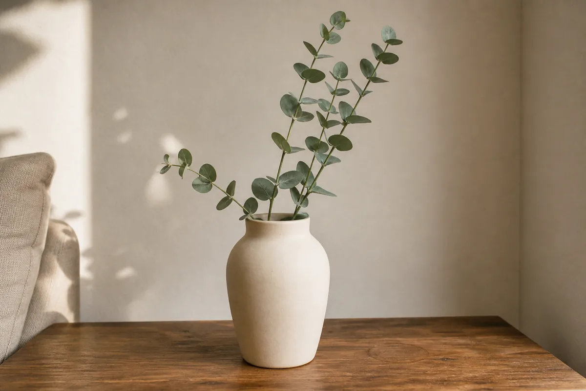 A single matte cream ceramic vase with a rounded shoulder shape holding five to seven faux eucalyptus stems with green oval leaves, placed on a dark walnut surface, the edge of a gray sofa visible on the left, cream painted wall behind, soft side daylight