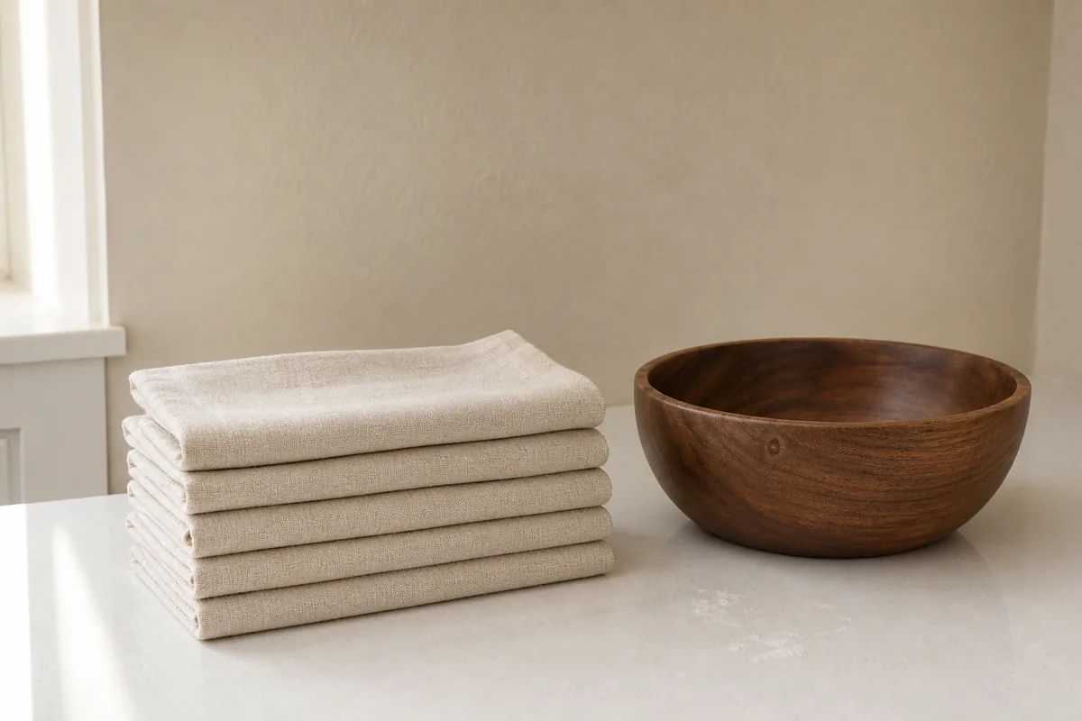 A stack of five folded cream linen-look napkins on a white counter next to a dark walnut salad bowl, light cream wall behind, soft daylight from the left window