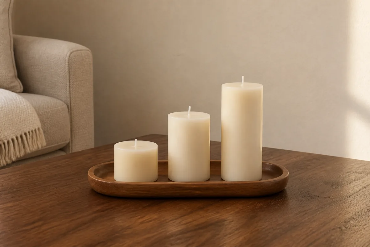 Three cream pillar candles in varying heights — short, medium, and tall — placed on an oval dark walnut tray on a dark walnut coffee table, the corner of a cream sofa with a throw visible on the left, soft side daylight