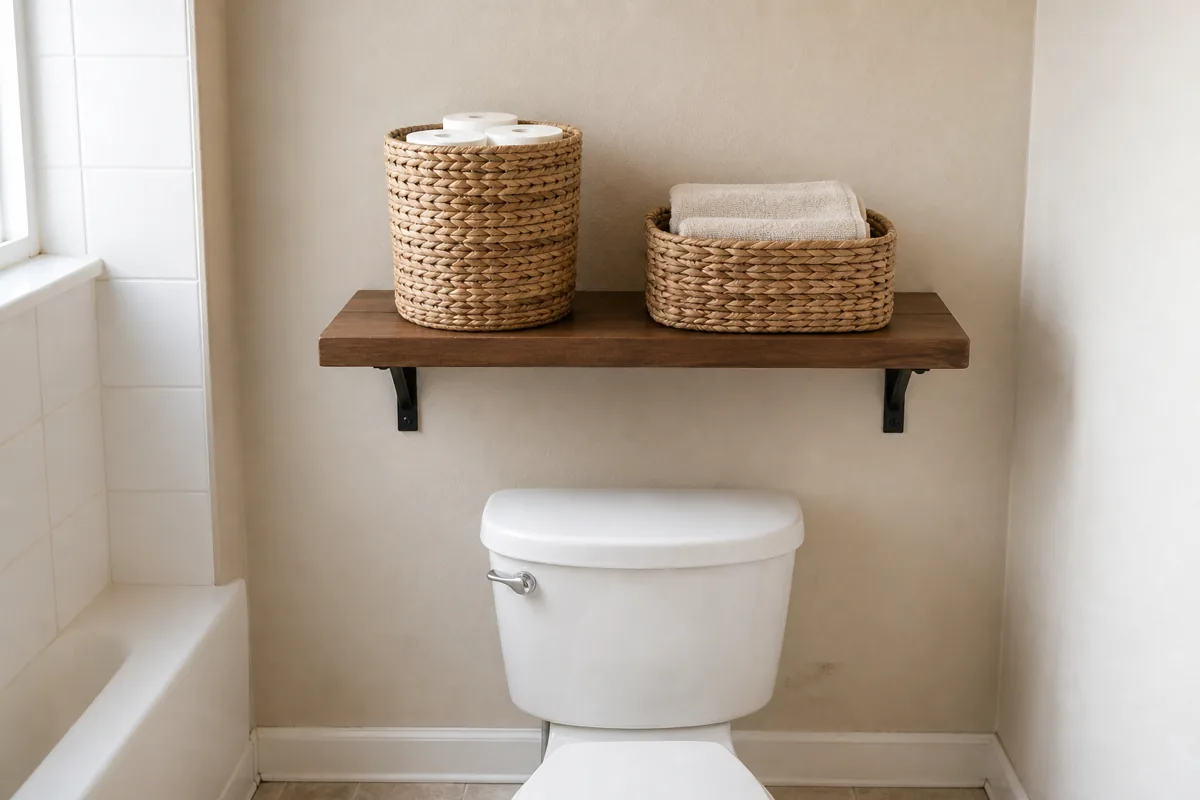Two woven seagrass baskets on a single dark walnut floating shelf above a white toilet — a taller cylindrical basket on the left holding stacked toilet paper rolls, a lower rectangular basket on the right holding rolled cream towels, cream painted wall, soft daylight from a window on the left