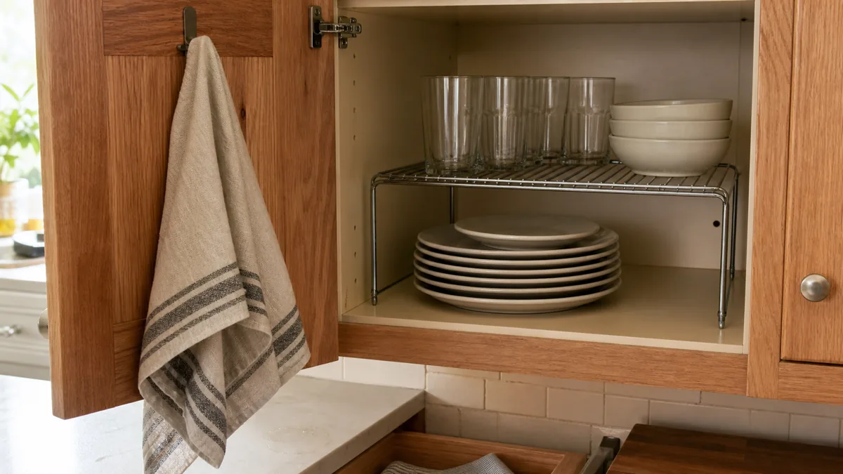Open upper kitchen cabinet with a two-tier wire shelf riser holding mixed plates and glasses; a kitchen towel hangs mid-fold on the open door, with the edge of a butcher-block counter and tile backsplash visible below