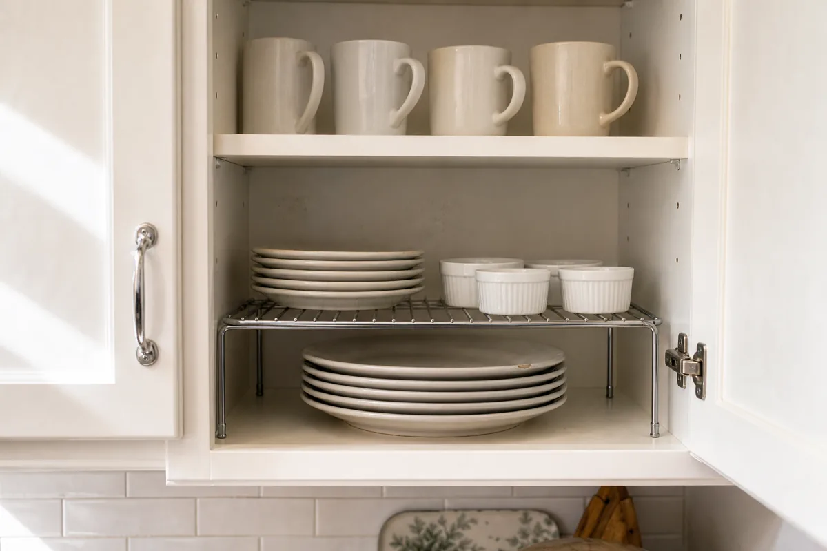 Open upper cabinet in a cool-white kitchen with a single metal shelf riser on the lower shelf — dinner plates stacked underneath the riser, salad plates and small ramekins on top of it, four mugs standing at the back of the upper cabinet shelf
