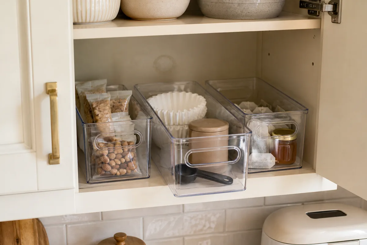 Open upper cabinet with warm cream finish and brass hardware, three stackable clear plastic bins side-by-side — left bin holding granola pouches and a small bag of nuts, center bin holding coffee filters and a small canister, right bin holding tea bags and a small honey jar; one bin sits slightly forward as if just used