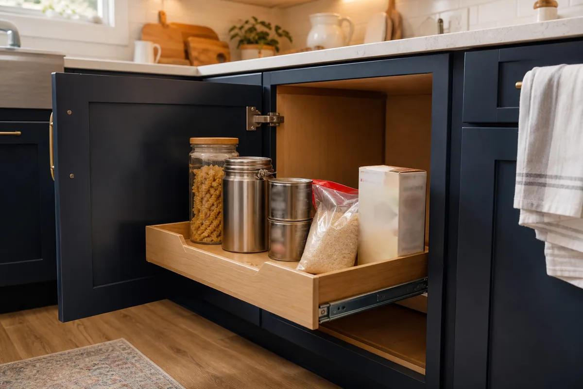 Open base cabinet with matte navy door and a warm wood pull-out drawer extended halfway on visible metal slides; the drawer holds a glass jar of dry pasta, a metal canister, two stacked cans, a folded bag of rice, and a packaged container