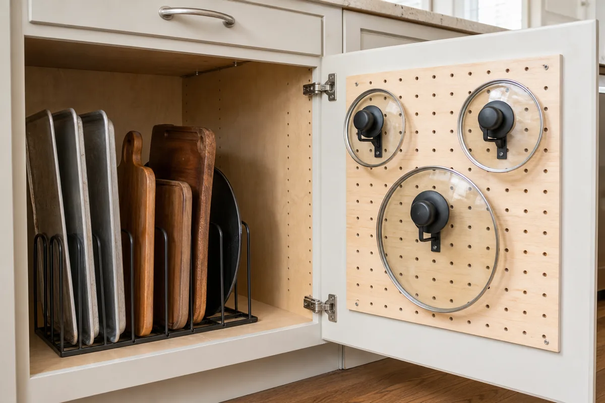 Open base cabinet showing two adjacent solutions — left: a black wire vertical pan file rack on the cabinet floor holding three silver sheet pans, two warm-walnut wooden cutting boards, and one round dark pizza pan all standing on edge; right: a natural-pine pegboard mounted to the inside of the open cabinet door, three glass pot lids of varying sizes hanging in a triangular arrangement vertically on the pegboard with their knobs facing outward, each lid suspended by a matte black peg through its center