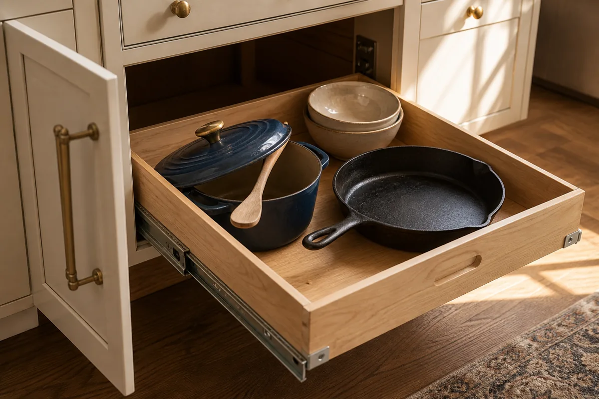 Fully extended roll-out base drawer with warm wood interior holding a black enameled dutch oven with its lid askew, a raw cast iron skillet flat on the right, a stack of two mixing bowls in the back corner, and a wooden spoon resting across the dutch oven rim; warm cream cabinet exterior with brass pulls