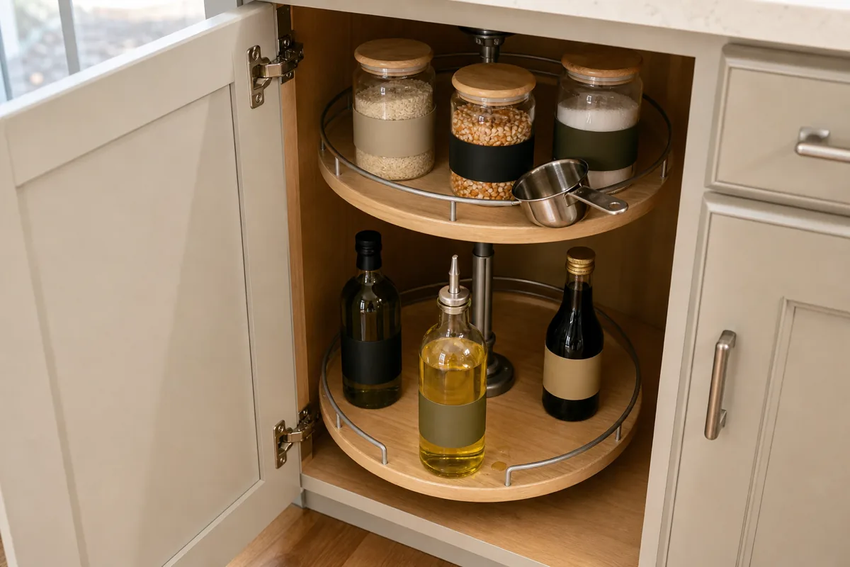 Open corner kitchen cabinet with a two-tier full-circle wood lazy susan rotating on a visible center post with chrome guard rails around each tier — lower tier holding three bottles (cooking oil and vinegar) wrapped in solid uniform color bands with no labels, upper tier holding three small glass canisters of dry goods (rice, popcorn kernels, sugar) and a stainless steel measuring cup; cabinet doors open at the front, the susan rotated to put one bottle facing forward