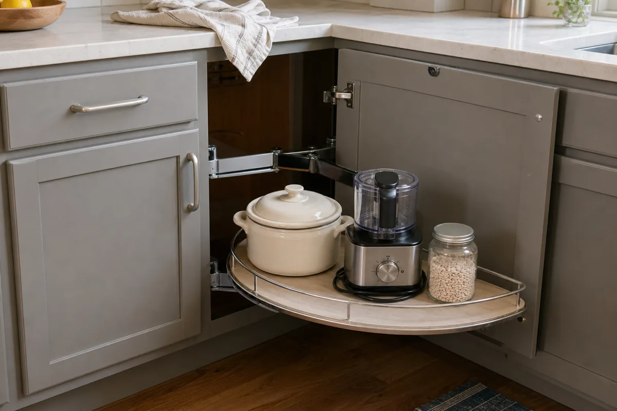Blind-corner base cabinet system with a perpendicular adjacent cabinet visible at left establishing the L-corner; the open blind-corner cabinet's half-moon-shaped pull-out shelf is swung fully out into the kitchen on visible chrome swing-arm hardware, holding a matte cream round slow-cooker with a plain dome lid, a compact cylindrical food processor with brushed stainless body, and a small clear glass jar of dry goods; a kitchen towel folded over the upper cabinet edge