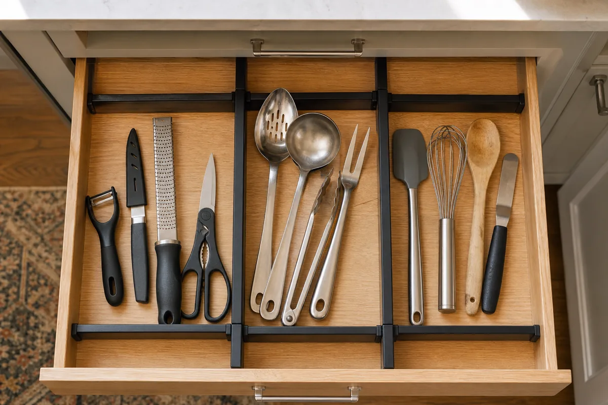 Top-down view of an open kitchen drawer with warm oak interior fitted with matte black adjustable dividers creating three compartments — left compartment with peeler, paring knife, microplane, and kitchen shears (prep tools); center with slotted serving spoon, ladle, salad tongs, and serving fork (serve tools); right with silicone spatula, whisk, wooden spoon, and offset spatula (bake tools)