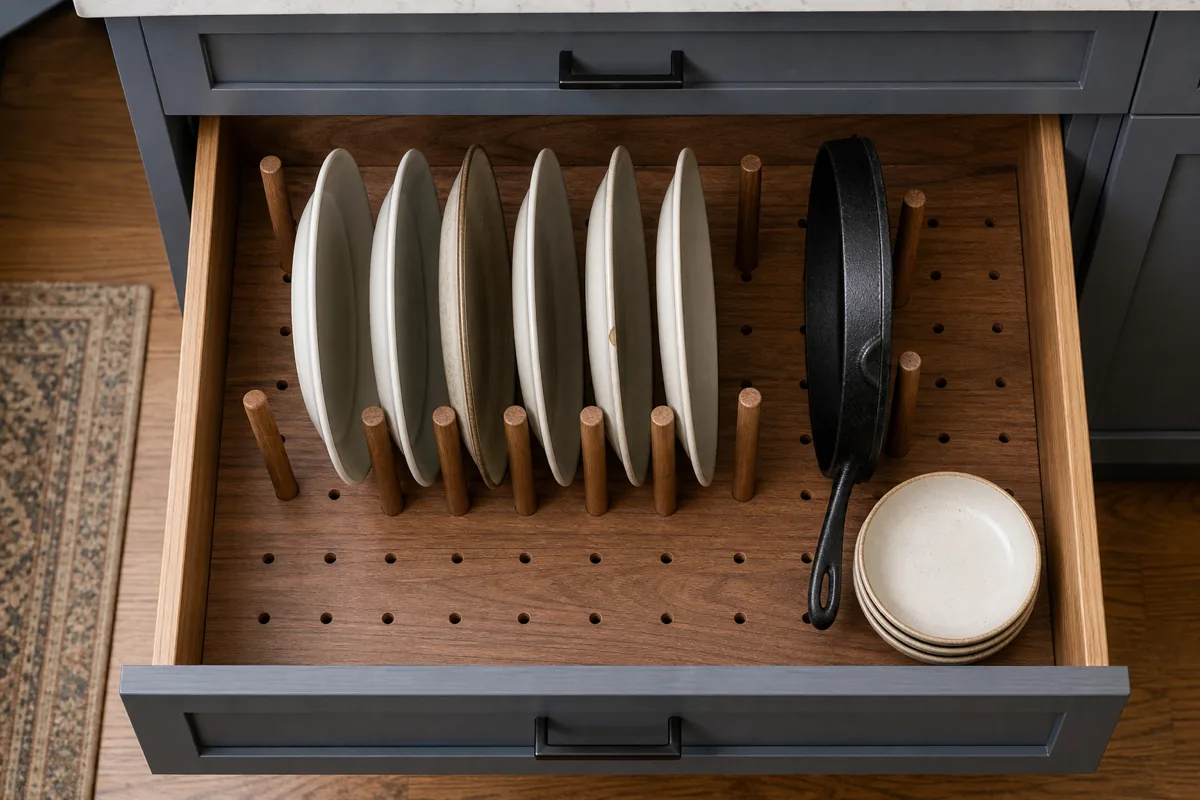 Top-down view of an open deep kitchen drawer with a wooden peg-board base; cylindrical wooden pegs are slotted into holes in the base creating dividers that hold six dinner plates standing vertically on edge, a cast iron skillet slotted in vertically at the right, and a small stack of three shallow bowls flat in the empty corner