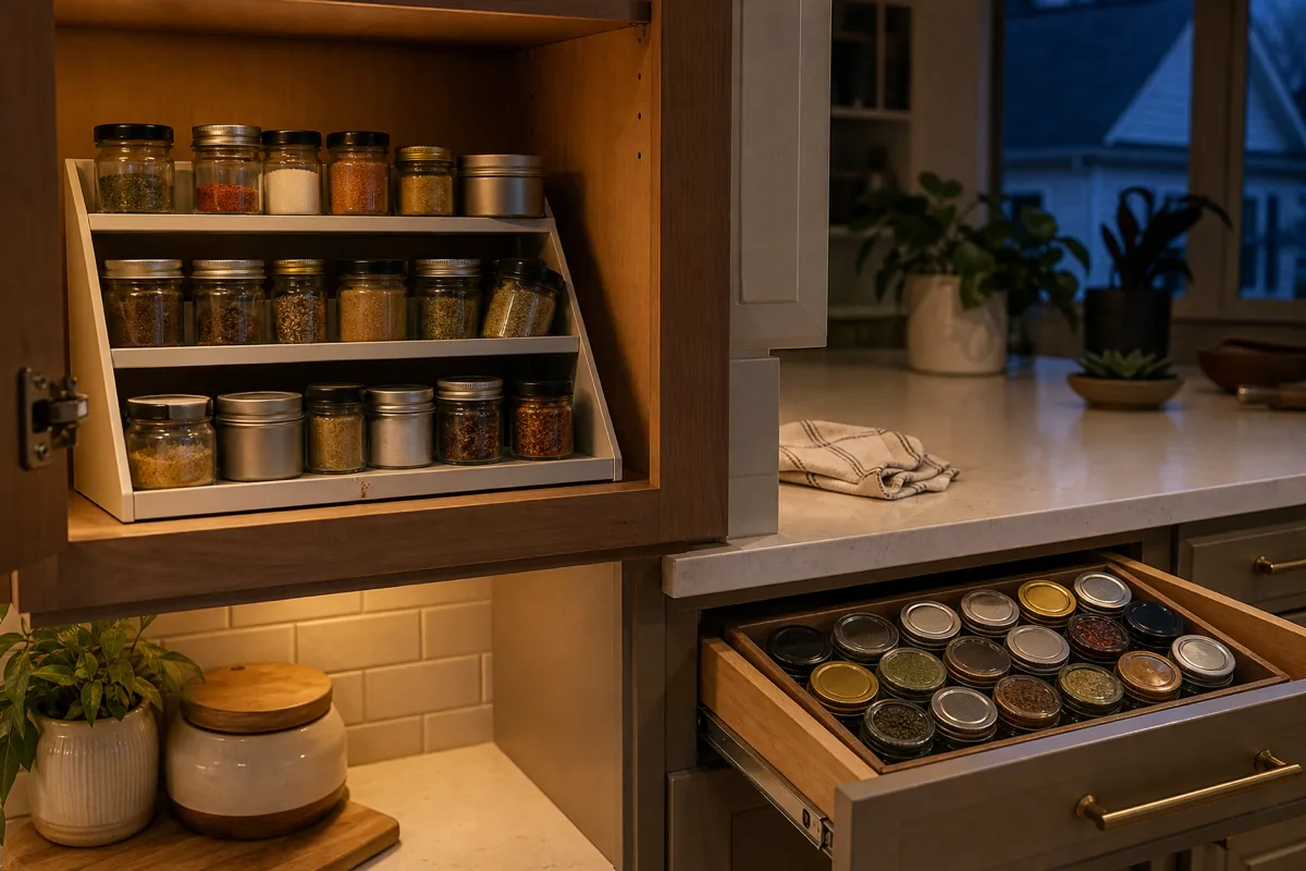 Dusk warm-lamp shot showing two spice solutions side by side — left: an angled three-tier spice tier sitting on an open upper cabinet shelf, holding small mismatched spice jars at three levels so each lid is visible from the front; right: a shallow drawer pulled open below the counter with a flat spice tray inside holding spice jars laid down on their sides in two rows with the lids facing up