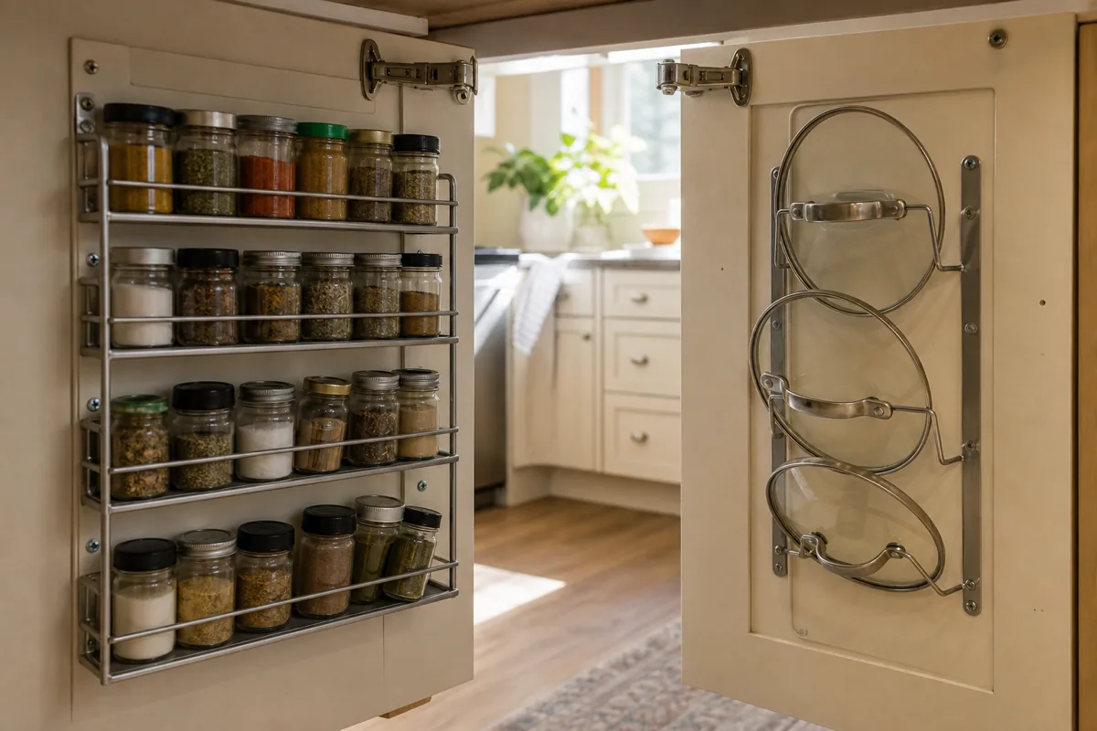Interior view of two open cabinet doors seen from inside the cabinet — left door has a slim narrow spice rack with four horizontal shelves holding two rows of small mismatched spice jars per shelf; right door has a stainless steel lid rack holding three pot lids hung by their handles in graduated sizes; mounting screws are visible on both