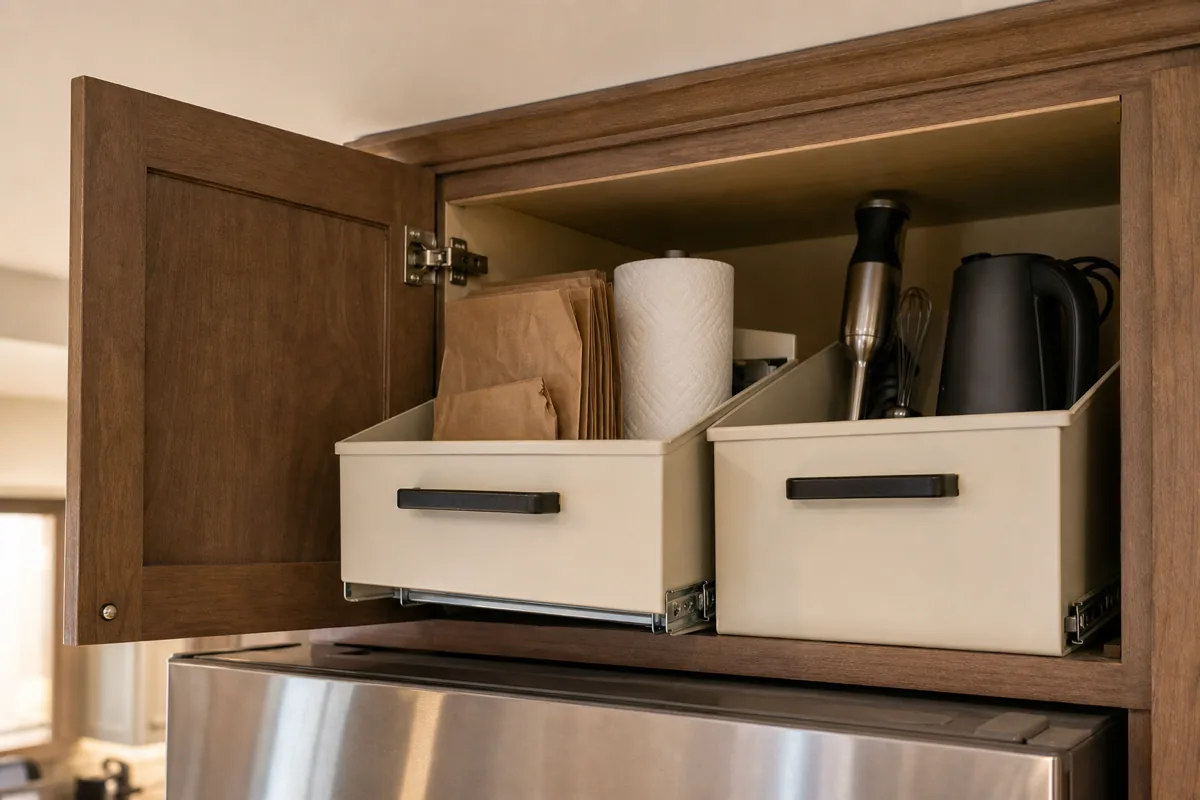 View looking slightly up at an open above-fridge cabinet with warm walnut exterior — two slim deep pull-out bins with matte black front handles, the left bin pulled forward several inches showing folded paper grocery bags and a roll of paper towels inside, the right bin sitting fully back showing a glimpse of a folded immersion blender and a small electric kettle inside; the top of a stainless refrigerator is partially visible at the bottom of the frame for scale