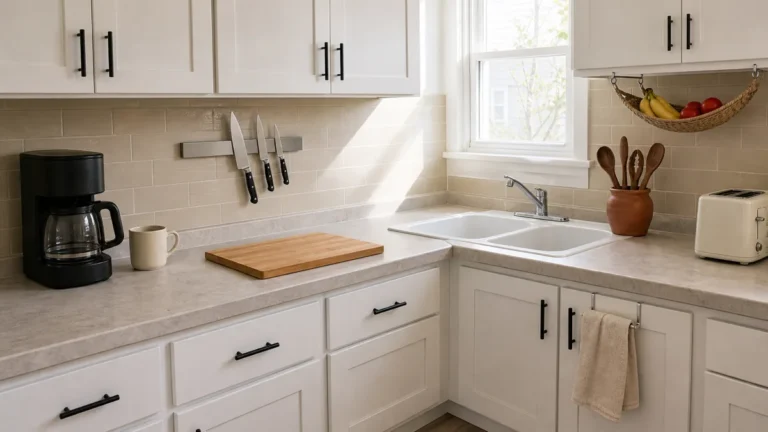 A small US apartment L-shape kitchen with white shaker cabinets and black hardware, beige subway-tile backsplash, drip coffee maker with cream mug on the left counter, wood cutting board in the center prep zone with a magnetic knife strip mounted above it, a terracotta crock holding wooden utensils on the right corner under the cabinets, a fruit hammock with bananas hanging at the far end, soft direct morning daylight from a window above the chrome-faucet sink