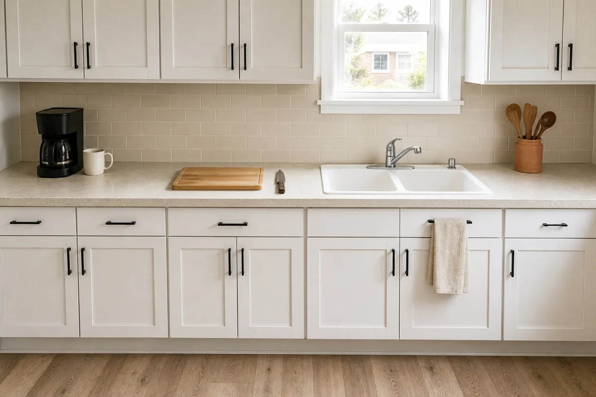 A wide shot of a normal US apartment kitchen with white shaker cabinets and black hardware, the counter mapped to four visible zones — a drip coffee maker with a single cream mug on the far left coffee corner, a wood cutting board in the center prep zone, the sink with chrome faucet for cleanup, and a warm terracotta crock with wooden utensils in the pretty zone on the right under the cabinets, beige subway tile behind, light wood floor