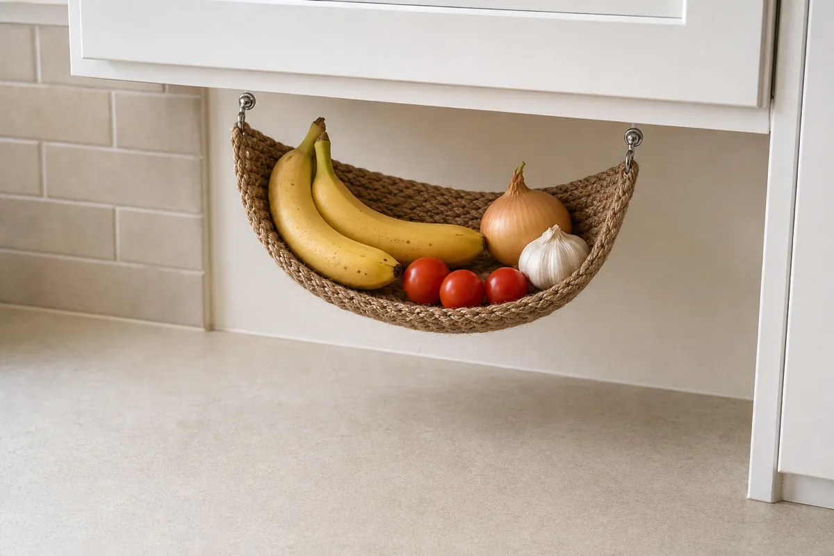 A woven natural fiber wall hammock mounted under the underside of an upper cabinet, holding two yellow bananas, three small tomatoes, one onion, and one head of garlic, the counter directly below the hammock clear of items, beige subway-tile backsplash, cream painted wall above the cabinet