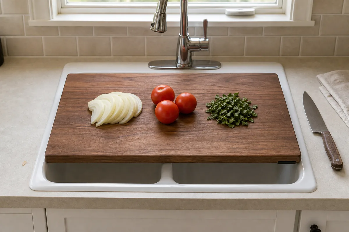 A walnut wood cutting board placed over a white double-basin sink, the chrome faucet visible behind, prep in progress on the board — sliced white onion on the left, three small red tomatoes in the center, a pile of chopped green vegetables on the right, a single chef knife resting on the counter to the right of the board, soft direct daylight from a window beyond