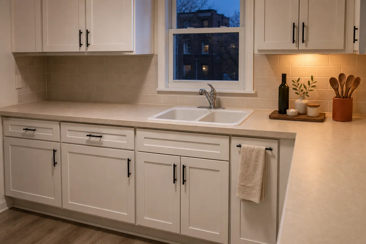 A wide shot of an apartment kitchen counter at the end of the day in soft evening warm light, the entire counter visible and fully cleared, the chrome-faucet sink in the center, a single terracotta crock with utensils and a small olive sprig vase tucked into the pretty corner on the right under the cabinets, a folded cream linen towel hanging on a cabinet front, the window above the sink showing the dark evening sky