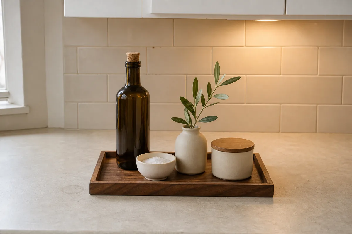 A close detail of a dark walnut wood tray on a cream counter in the pretty corner under the cabinets, holding a dark glass olive oil bottle, a small white ceramic pinch bowl with coarse salt, a small white ceramic vase with a green olive branch sprig, and a small ceramic crock with a wood lid, beige subway-tile backsplash behind