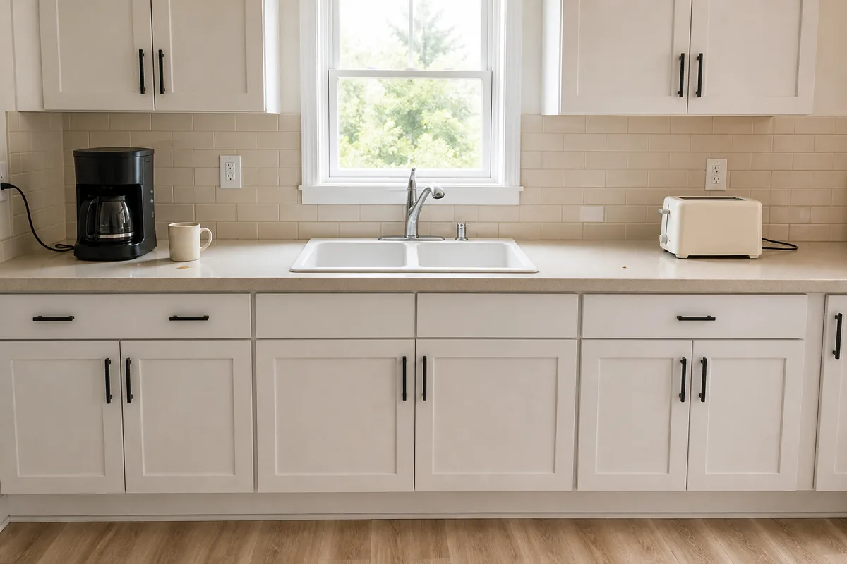 A wide shot of a normal US apartment kitchen counter with only two visible appliances — a drip coffee maker on the left with a single cream mug beside it, and a cream-colored two-slot toaster on the right under the cabinets, the center and middle counter completely clear, white shaker cabinets, beige subway tile, light wood floor visible