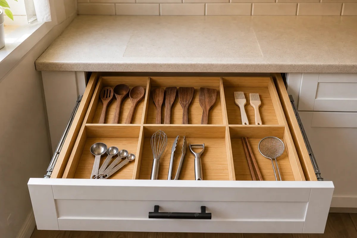 An open kitchen drawer pulled out near the prep zone, viewed from a slight overhead angle, with a wood compartment divider system holding wooden spatulas in the top section, soup spoons and forks grouped together, a slotted spoon and ladle in their own section, measuring spoons in a small front compartment, and tongs in another, white shaker drawer front with a matte black handle, light wood floor visible
