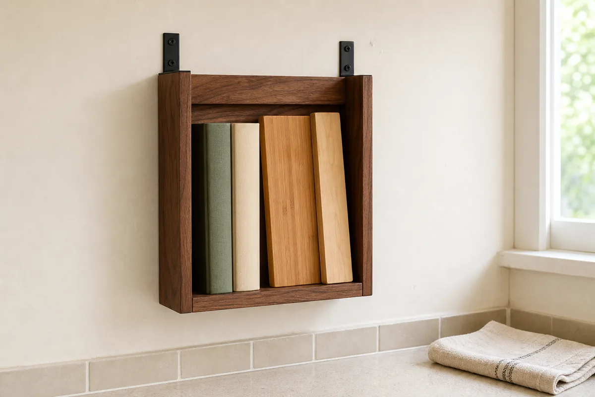 A wall-mounted walnut wood vertical riser with matte black hardware brackets, mounted above the counter against a cream painted wall, holding two or three cookbooks with sage green, cream, and wood-color spines plus two cutting boards standing vertically, a folded cream linen towel on the counter below, beige subway-tile backsplash starting just below