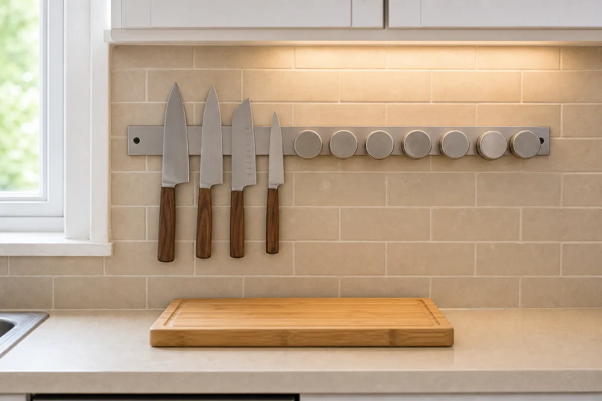 A stainless steel magnetic knife strip mounted to a beige subway-tile backsplash, holding four dark-handled chef knives in descending sizes on the left half and six small ceramic spice tins on the right half, a wood cutting board on the counter directly below, soft direct daylight from a window to the left