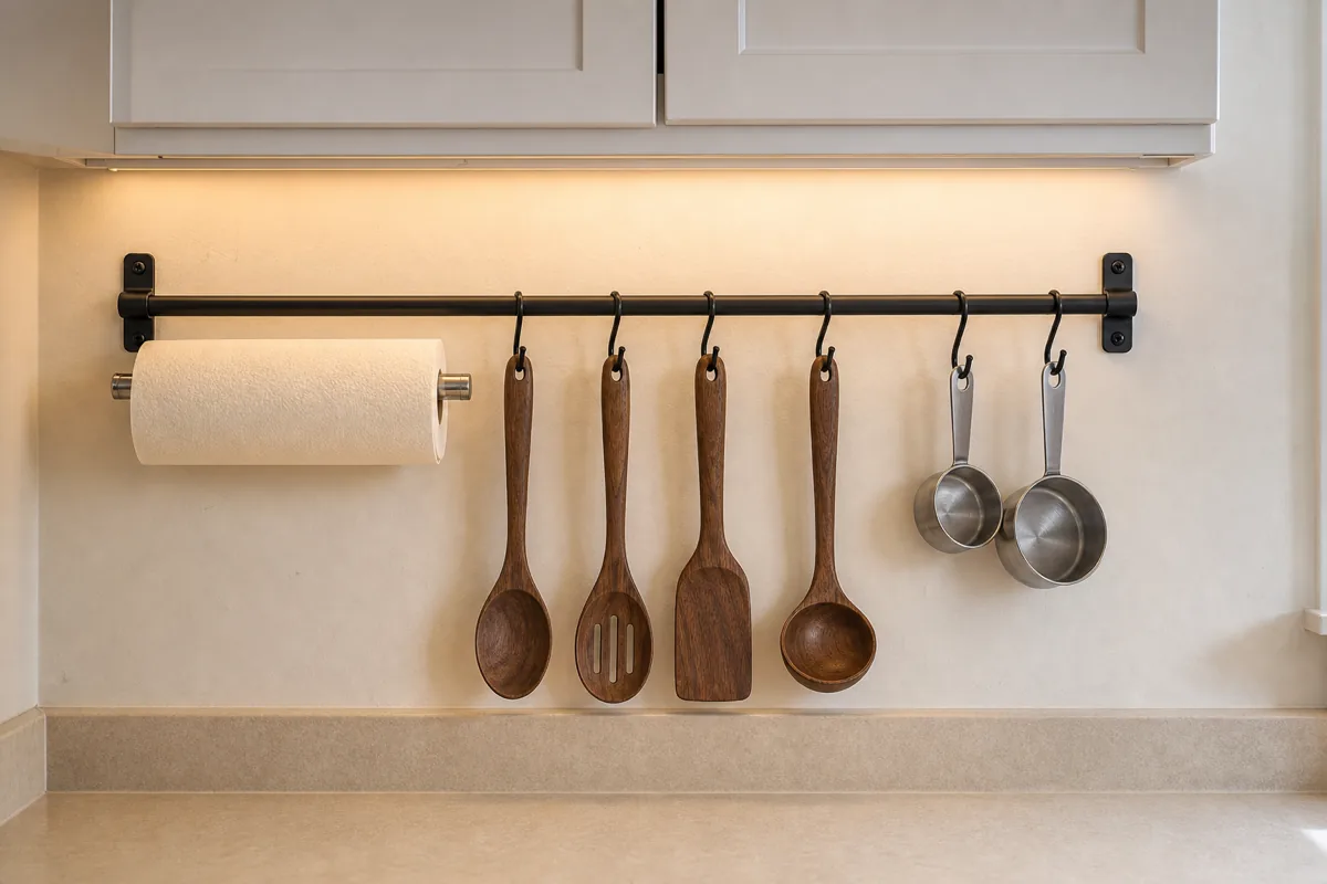 A wall-mounted matte black metal rail mounted to the wall under the upper cabinets, holding a paper towel roll on the left end, five wooden utensils — spoons, spatulas, a ladle — hanging from S-hooks in the middle section, and two metal measuring cups on the right end, soft direct daylight, cream painted wall behind the rail