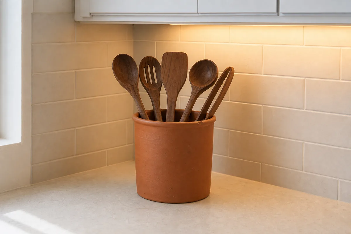 A single terracotta-toned ceramic crock placed on a cream counter under the upper cabinets in the pretty corner, holding five wooden utensils — long spoons, a spatula, a slotted spoon — handles facing up, beige subway-tile backsplash behind, soft direct daylight from a window on the left