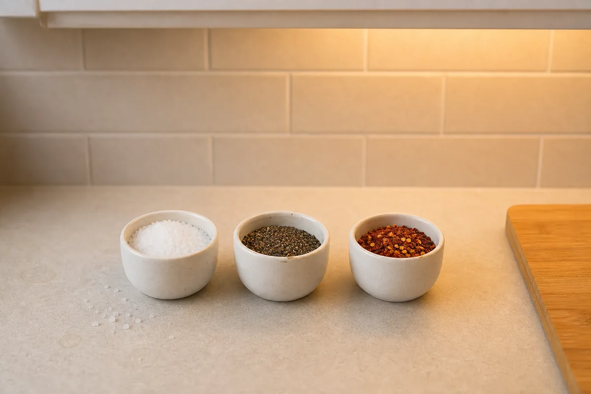 Three small white ceramic pinch bowls in a row on a cream counter near the prep zone — the left bowl holds coarse white salt, the middle bowl holds dark peppercorns or coarse ground pepper, the right bowl holds red pepper flakes, the edge of a wood cutting board visible on the right, beige subway-tile backsplash, soft direct daylight