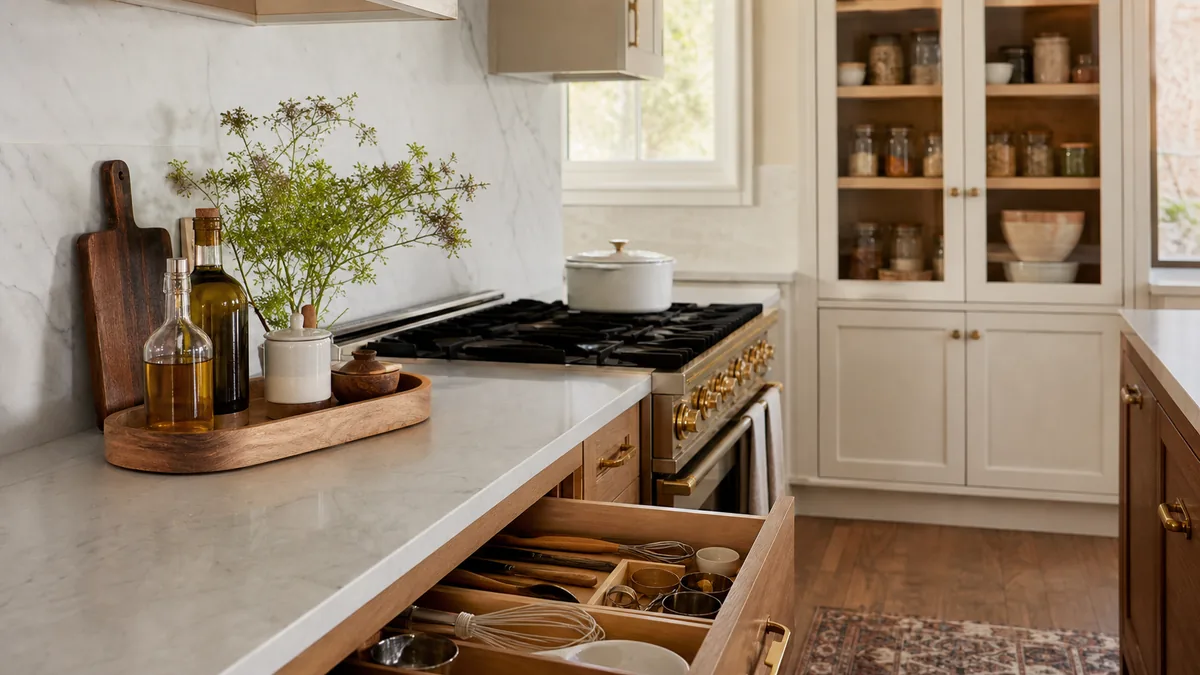 Organized kitchen with a stove-side cooking zone, open drawer storage, counter tray, and calm pantry cabinet.