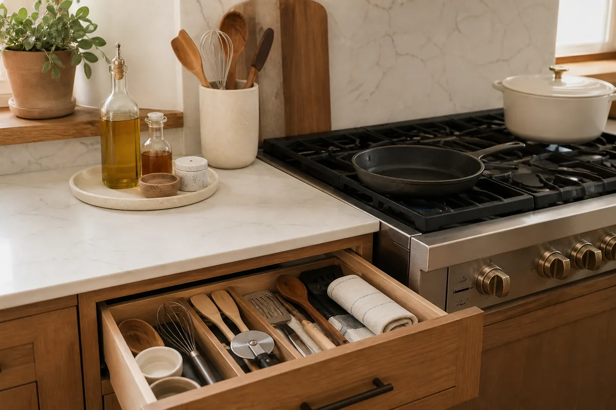 Open drawer beside a gas range holding wood spoons, a whisk, a fish spatula, a pizza cutter, small ramekins, and a rolled linen napkin, with a tray of oil and a stoneware crock of tools on the counter above.