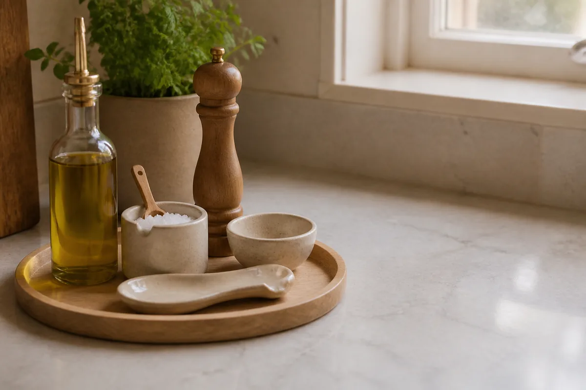 Round oak tray on a marble counter with an olive oil bottle, wood pepper grinder, salt cellar, small pinch bowl, and ceramic spoon rest, with open counter space around it.
