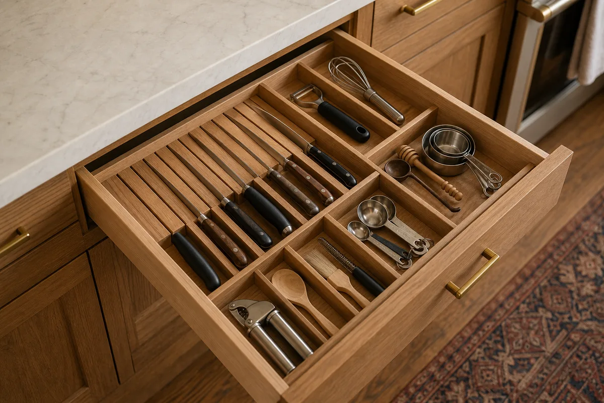 Deep wood drawer with five compartments holding upright knives in a slotted rack, a peeler and whisk, a garlic press, wood spoons and spatulas, and nested measuring cups and spoons.