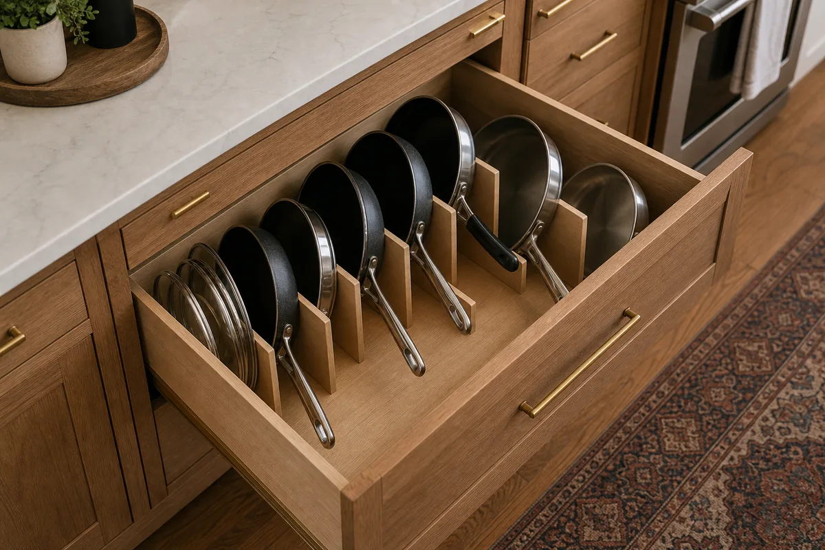 Deep wood drawer with four pans standing on edge between vertical dividers and lids stacked upright in a dedicated slim slot on the left.