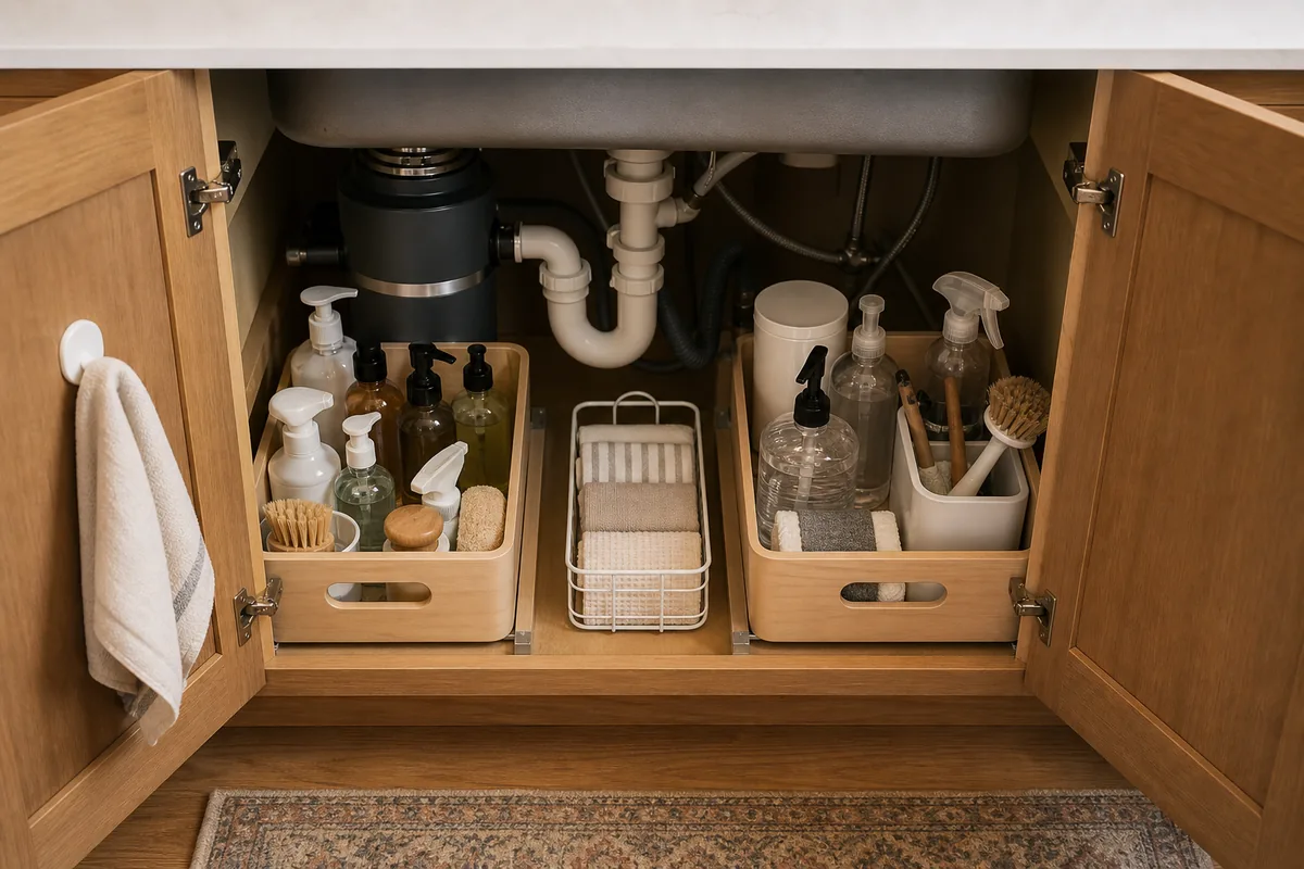 Open under-sink cabinet with two wood pull-out bins holding soaps, brushes, and spray bottles, a white wire basket of folded cloths between them, and a small towel hung on the inside of the left door.