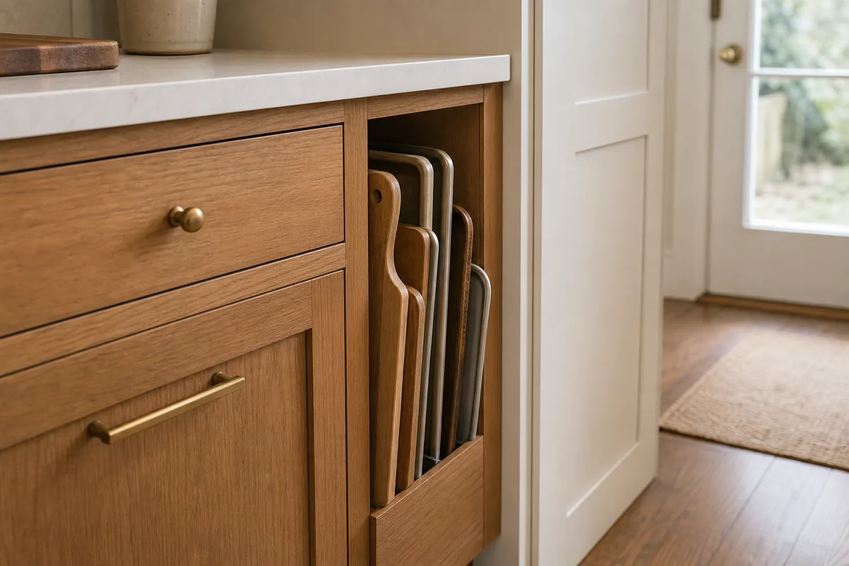 Narrow vertical slot built into the side of a wood lower cabinet holding two wood cutting boards, one flexible board, and two metal sheet pans standing on edge.