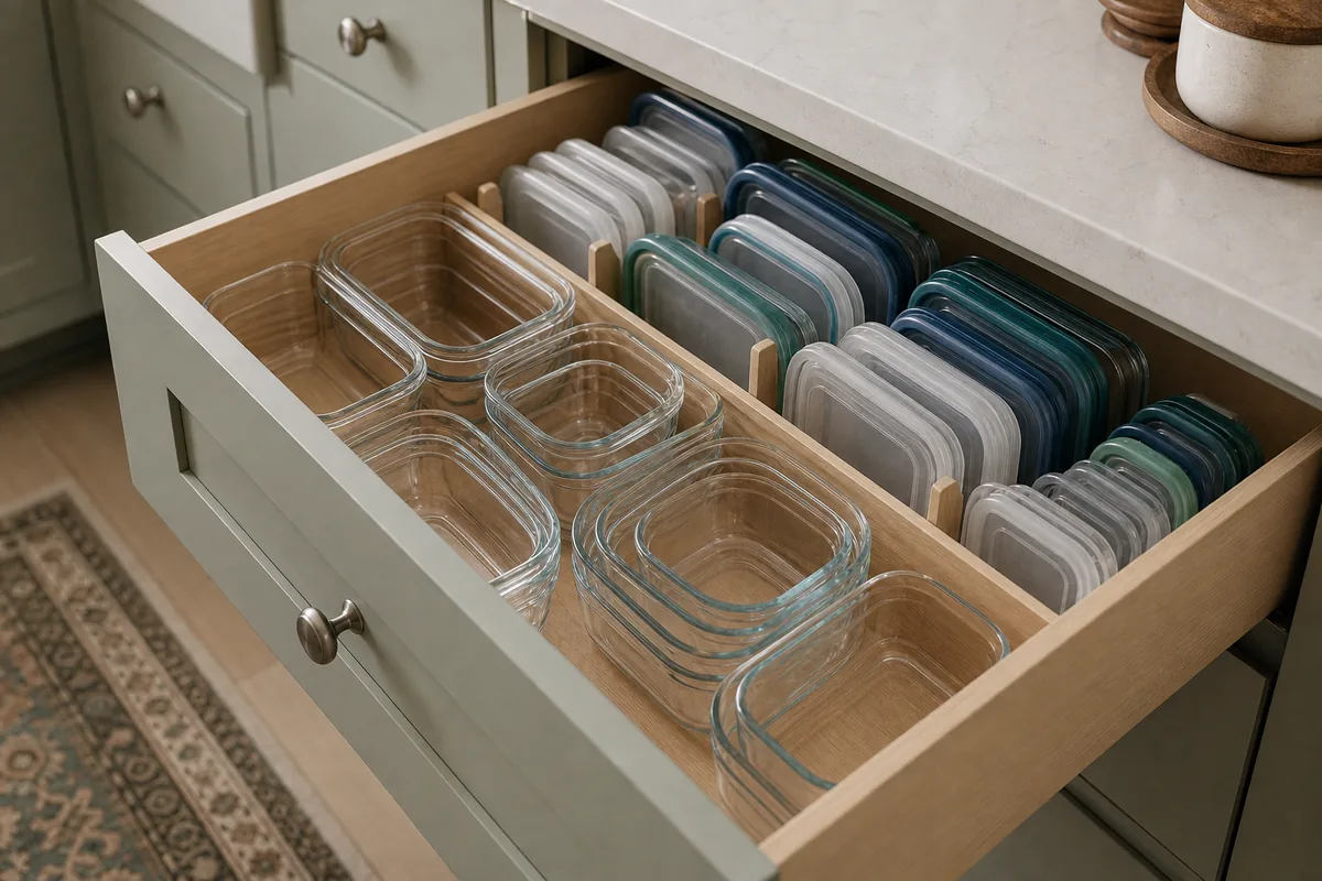 Sage-green drawer with custom wood dividers holding nested glass food containers in two rows on the left and lids standing upright in a row of clear, blue, teal, and gray on the right.