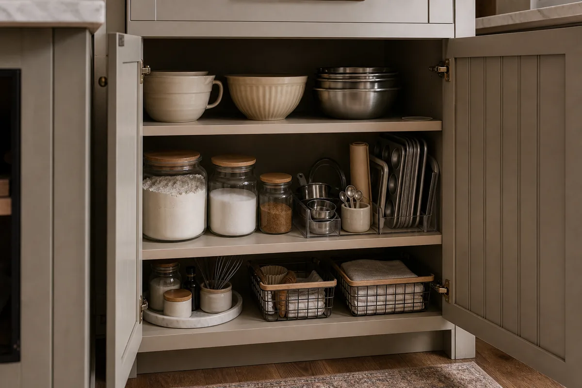 Open greige cabinet with three shelves: mixing bowls on top, glass canisters of flour and sugar plus measuring cups and an upright sheet-pan organizer in the middle, and a small lazy susan plus wire baskets on the bottom.