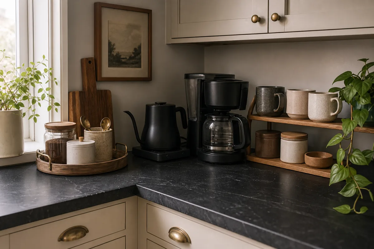 Dark soapstone counter corner with a round wood tray holding a glass canister and ceramic canisters, a black gooseneck kettle, a drip coffee maker, and a two-tier wood shelf with mugs and canisters beside a trailing pothos.