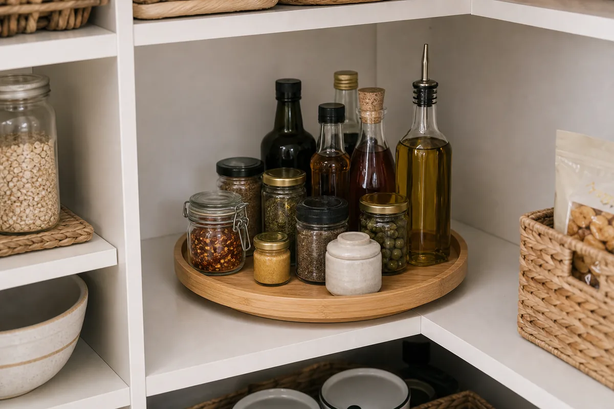 Bamboo lazy susan on a pantry corner shelf holding four tall oil and vinegar bottles, a clamp-top jar of chili flakes, two herb jars, a jar of olives, a marble salt jar, and a small jar of dijon.