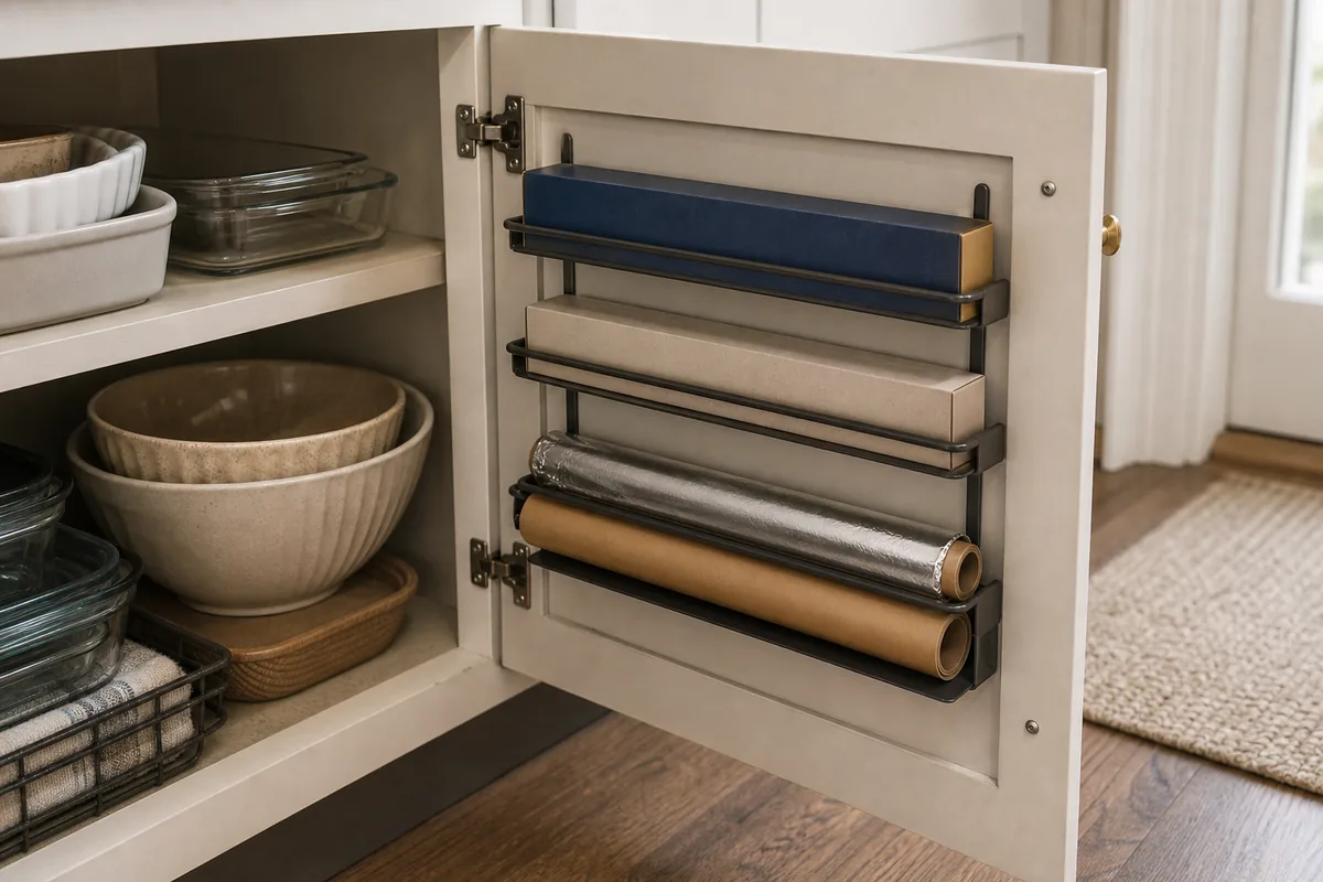 Black metal three-tier rack mounted on the inside of an open cabinet door holding a tall parchment box, a plastic wrap box, a foil roll, and a kraft paper roll, with mixing bowls and casserole dishes on the shelves behind it.