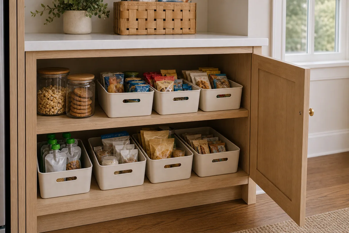 Open light wood pantry cabinet with two shelves of soft-cream bins holding chip pouches, fruit pouches with green caps, cookie packs, oat bars, and two glass canisters of granola and cookies.