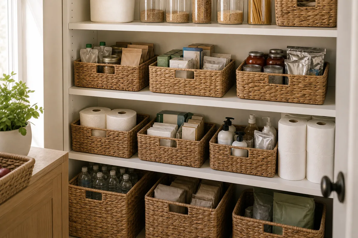 Tall cream pantry shelves with twelve matching seagrass baskets across four shelves holding refill pouches, paper goods, water bottles, and bulk supplies, with glass jars of grains on the top shelf and two free-standing paper towel rolls on a middle shelf.