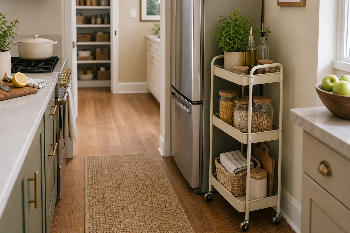Slim cream three-tier rolling cart in a narrow gap beside a stainless fridge in a galley kitchen, holding an herb pot and oil bottle on top, glass canisters of pasta and grains in the middle, and a small basket with linens on the bottom.