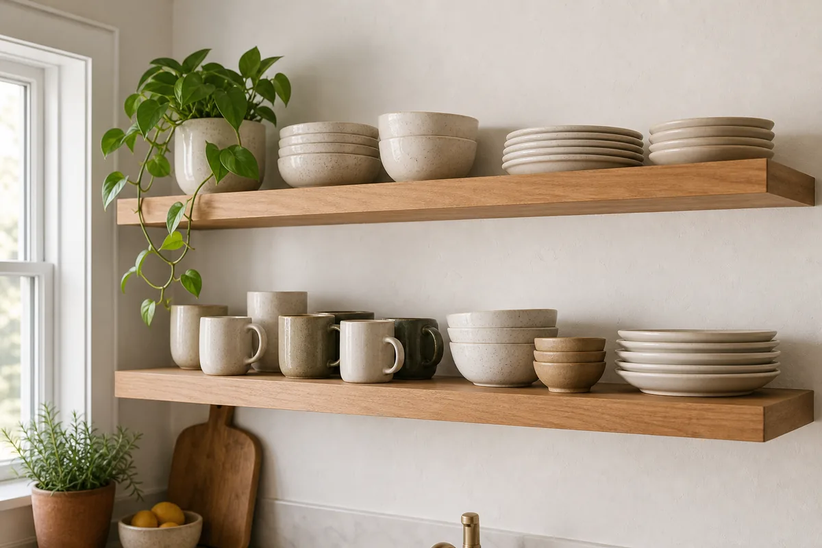 Two long wood floating shelves on a white wall holding repeated stacks of cereal bowls, dinner plates, side plates, six matching mugs in a row, and one trailing pothos at the end of the top shelf.