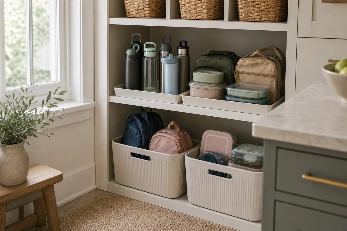Built-in shelving bay with woven baskets on top, water bottles and lunch containers on the middle shelf, and two ribbed bins on the bottom shelf holding small backpacks and stacked lunchboxes.