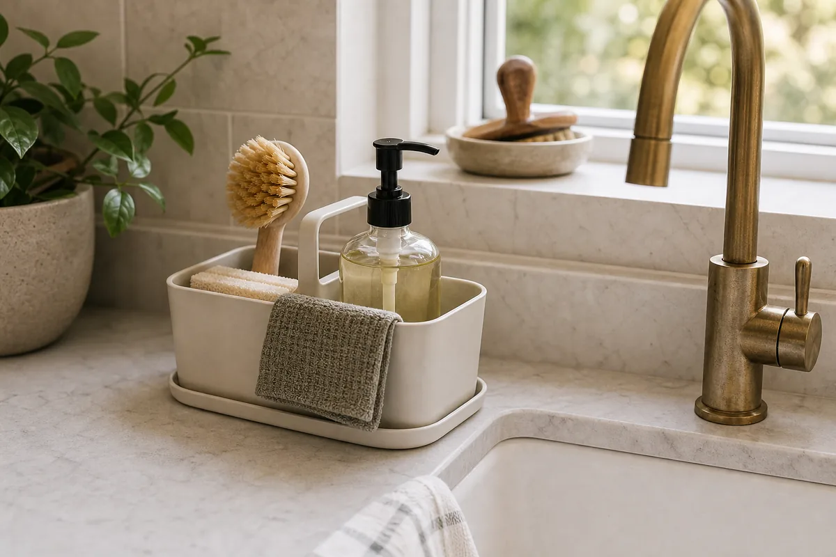 Cream rectangular ceramic caddy sitting on a matching drip tray beside a brass gooseneck faucet, holding a wood-handle dish brush, a sponge, a folded gray waffle dishcloth, and a glass pump bottle of dish soap.