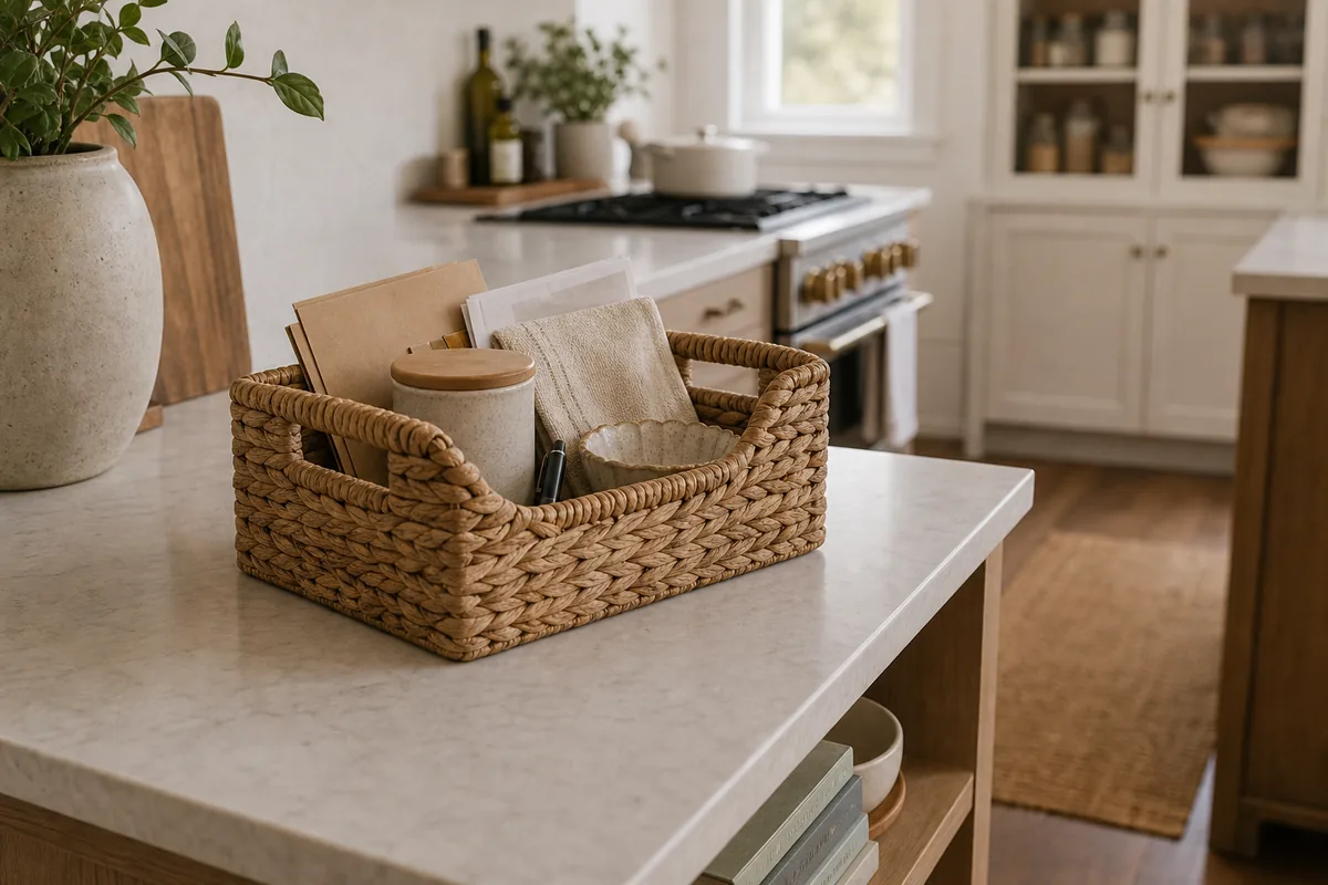 Small woven seagrass basket with handles on a marble island holding a short stack of cookbooks and notepads, a stoneware canister with a bamboo lid, a folded striped tea towel, a scalloped ceramic ramekin, and a black pen.